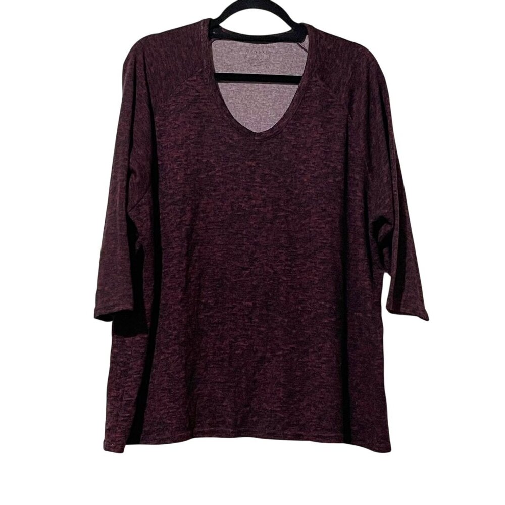 Danskin Womens Marled V-Neck 3/4 Sleeve Top 1X Burgundy Polyester/Spandex Comfor